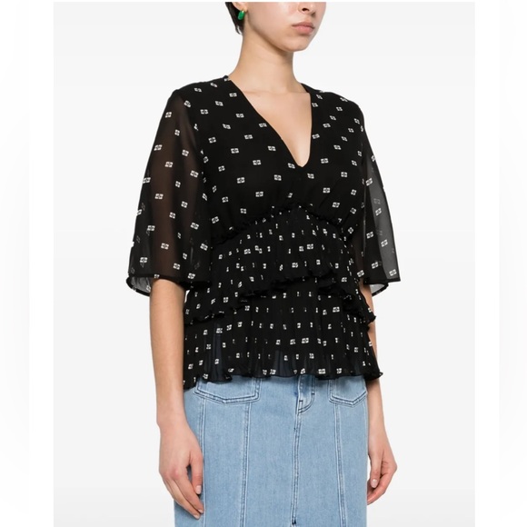 GANNI Black Graphic V Neck Georgette Flounce Blouse Short Sleeve sz 38 US 6 NWT - Picture 3 of 15